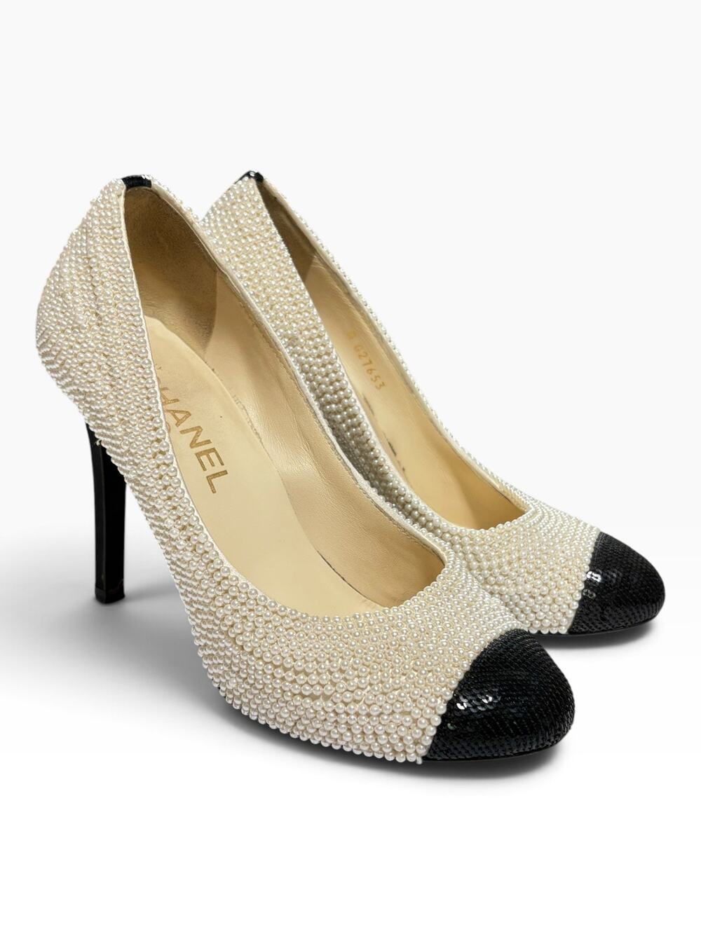 CHANEL Pearl Sequin Embellished Cap Toe Pumps Black Ivory Heels 37